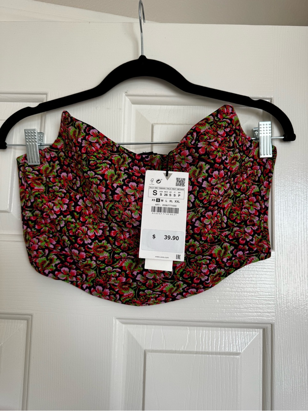 Zara Black Floral Bustier Crop Top with Pink & Green Print